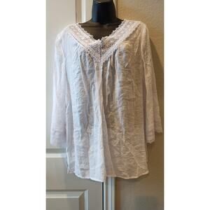 COUNTERPARTS White Lace Boho Peasant 3/4 Sleeve  Blouse Tunic Shirt Sz XL